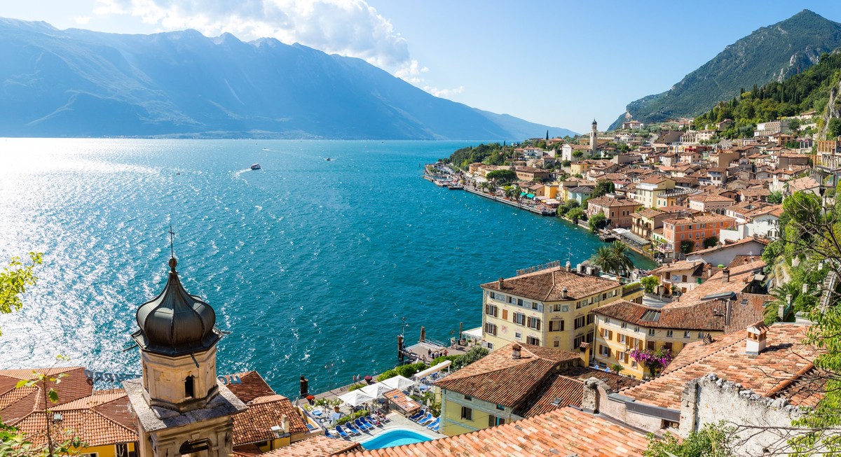 View of Limone sul Garda's old town and Lake Garda, Italy