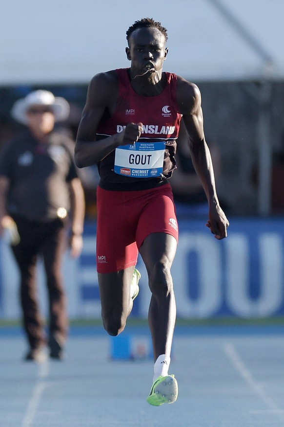 AUSTRALIAN ATHLETICS CHAMPIONSHIPS, Gout Gout wins the Mens 100m Under 20s heat during the 2025 Australian Open and Under 20 Athletics Championships at Western Australian Athletics Stadium in Perth, T ...