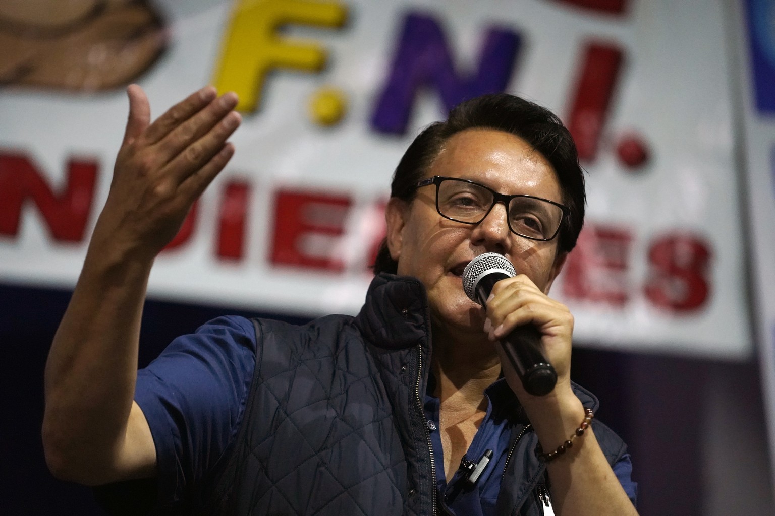 epa10998595 Presidential candidate Fernando Villavicencio participates in a campaign rally, minutes before being shot to death, in Quito, Ecuador, 09 August 2023. EPA/STRINGER