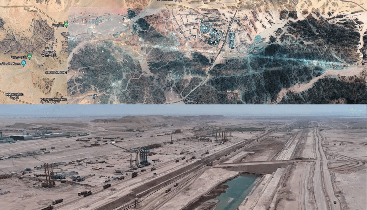 Le chantier de «The Line» sur une image satellite (mai 2023) et une photo (juillet 2023).