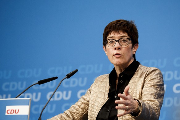 Christian Democratic party&#039;s, CDU, general secretary Annegret Kramp-Karrenbauer gives a statement in Berlin Sunday, Oct. 28, 2018. after her party lost in the election in the German state of Hess ...