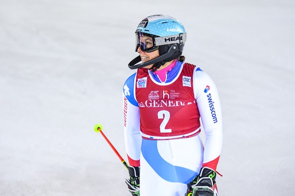 epa08835646 Wendy Holdener of Switzerland reacts in the finish area after the second run of the Women&#039;s Slalom race at the FIS Alpine Skiing World Cup in Levi, Finland, 22 November 2020. EPA/KIMM ...