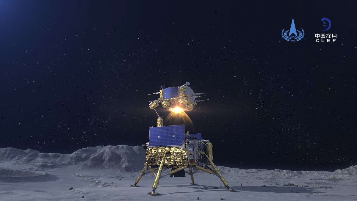 In this China National Space Administration (CNSA) photo released by Xinhua News Agency, a simulated image of the ascender of Chang'e-5 spacecraft blasting off from the lunar surface at the Beiji ...