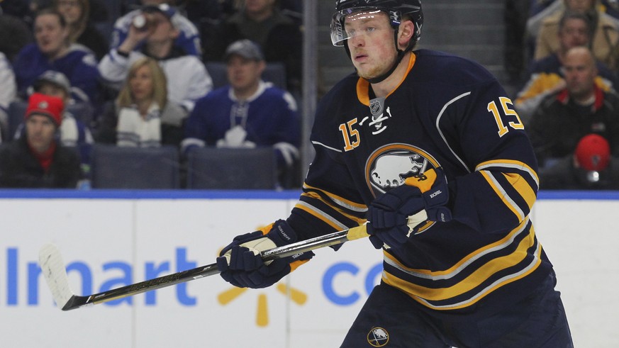 Buffalo Sabres forward Jack Eichel (15) skates during the second period of an NHL hockey game against the Toronto Maple Leafs, Saturday, March 25, 2017, in Buffalo, N.Y. (AP Photo/Jeffrey T. Barnes)