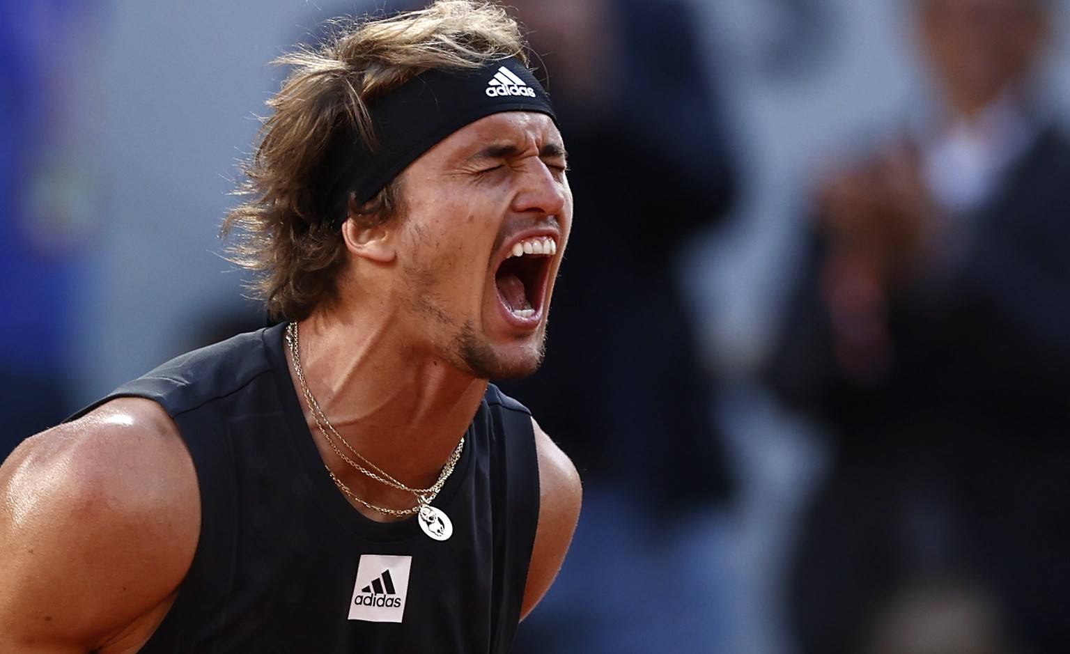 epa09988436 Alexander Zverev of Germany celebrates winning against Carlos Alcaraz of Spain in their men?s quarterfinal match during the French Open tennis tournament at Roland ?Garros in Paris, France ...