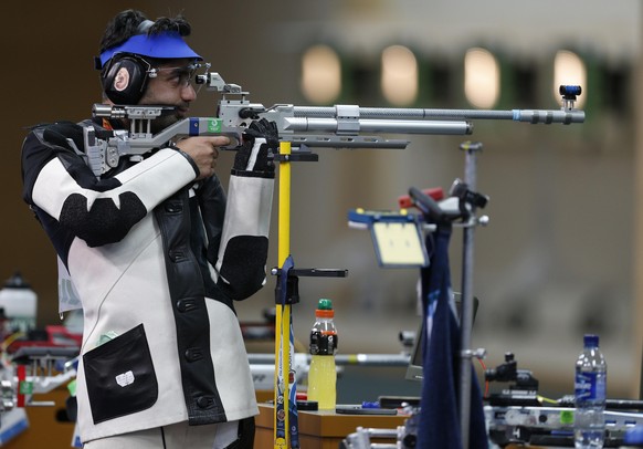 India&#039;s Abhinav Bindra, winner of the men&#039;s 10m air rifle shooting event, takes a shot at the Barry Buddon shooting centre at the 2014 Commonwealth Games in Glasgow, Scotland, July 25, 2014. ...