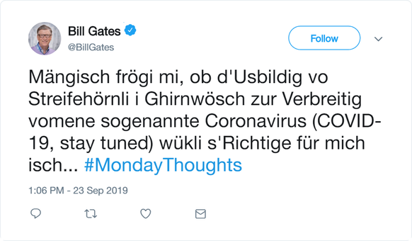 Ein Tweet von Bill Gates, der kurz nach Veröffentlichung mysteriöserweise wieder gelöscht wurde.