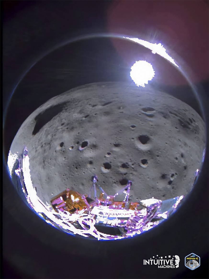 This image provided by Intuitive Machines shows its Odysseus lunar lander which captured this image approximately 35 seconds after pitching over during its approach to the landing site. (Intuitive Mac ...