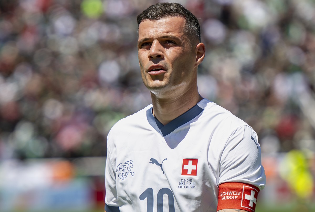 Switzerland's Granit Xhaka reacts during a Friendly soccer match between Mexico and Switzerland at the Rice-Eccles Stadium, in Salt Lake City, Utah, United States of America, Saturday, June 7, 20 ...