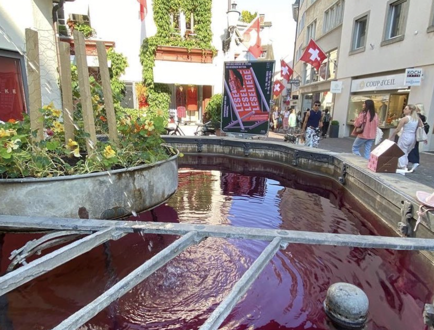 Pinke Brunnen Zürich Farbanschlag