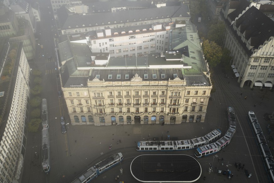 The headquarters of Swiss bank Credit Suisse is pictured in this photo taken with a drone in Zurich, Switzerland on Thursday, October 27, 2022. Credit Suisse announced on October 27, a restructuring p ...