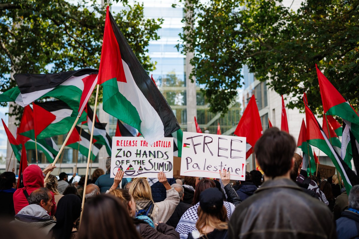 epa12424109 Protesters hold placards that read 'Release the Flotilla' (L) and 'Free Palestine' (R), during a rally in solidarity with Gaza and the pro Palestinian global Sumud Flot ...