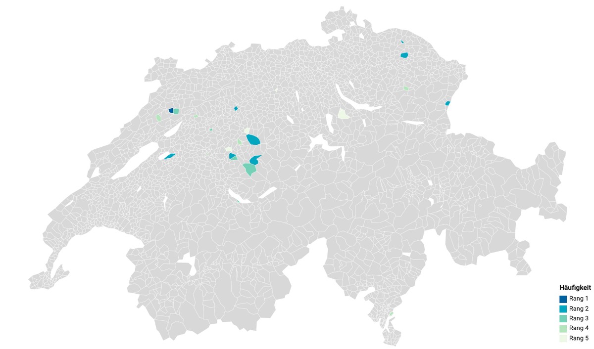 Hier geht es zur interaktiven Karte.Natürlich haben wir die Analyse auch für die Familiennamen Berner und Basler durchgeführt. Berner tauchte aber nur in Rupperswil (Rang 2) und Unterkulm (Rang 5) in  ...