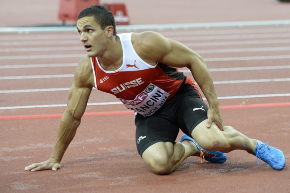 Pascal Mancini from Switzerland reacts after the men&#039;s 100m semifinal, at the second day of the European Athletics Championships in the Letzigrund Stadium in Zurich, Switzerland, Wednesday, Augus ...