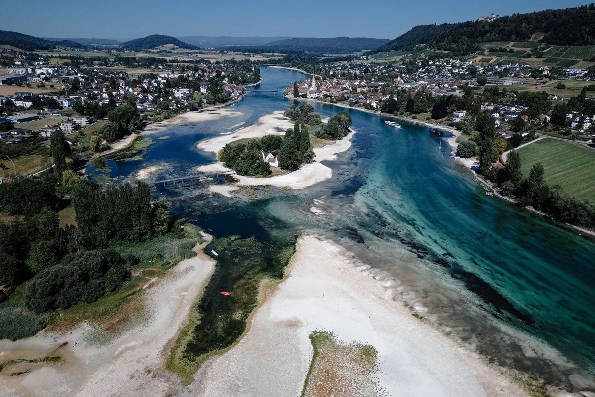 L'Untersee, dans le canton de Thurgovie, été 2026. Les niveaux des lacs et des cours d'eau sont très bas en raison de la canicule et de la sécheresse.