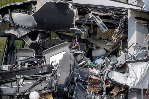 The accident site of a bus registered in Germany that crashed into signal post on the highway A2 in Sigirino, canton of Ticino, Switzerland, on Sunday, October 14, 2018. The A2 highway between Rivera  ...