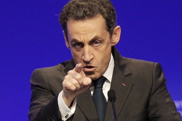 FILE - In this April 28, 2012 file photo, France&#039;s President and candidate for re-election in 2012, Nicolas Sarkozy, gestures as he delivers a speech during a campaign meeting in Cournon-d&#039;A ...