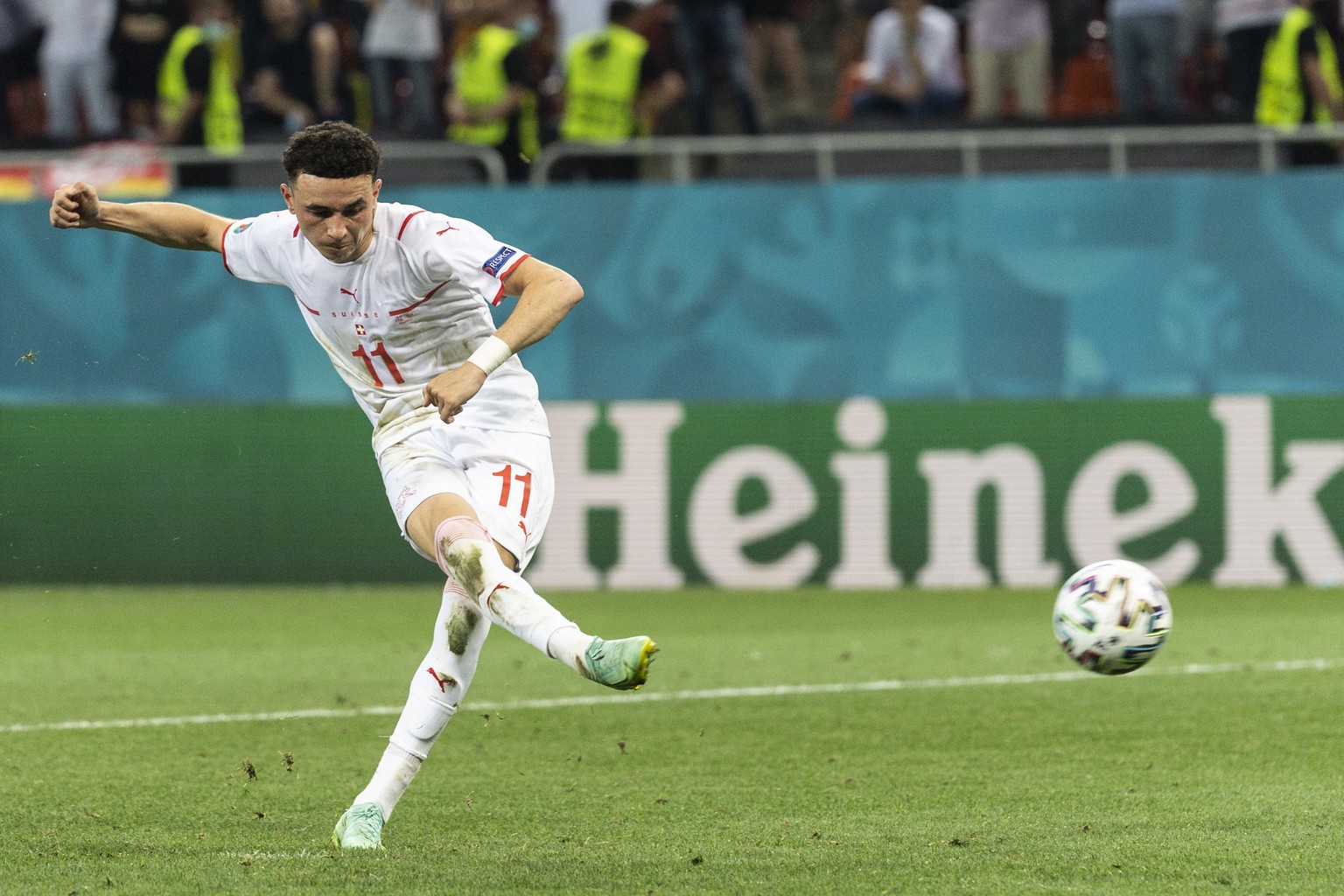 Switzerland&#039;s midfielder Ruben Vargas shoots his penalty during the Euro 2020 soccer tournament round of 16 match between France and Switzerland at the National Arena stadium, in Bucharest, Roman ...