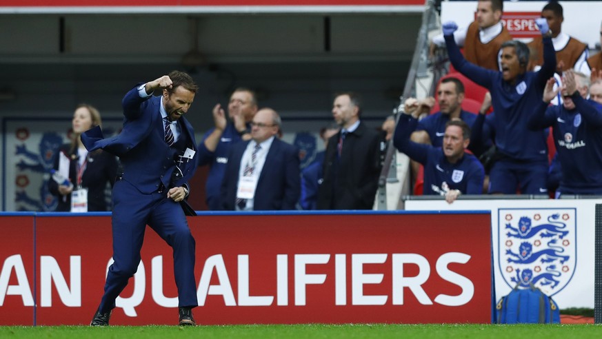 Football Soccer Britain - England v Malta - 2018 World Cup Qualifying European Zone - Group F - Wembley Stadium, London, England - 8/10/16
England interim manager Gareth Southgate celebrates after hi ...