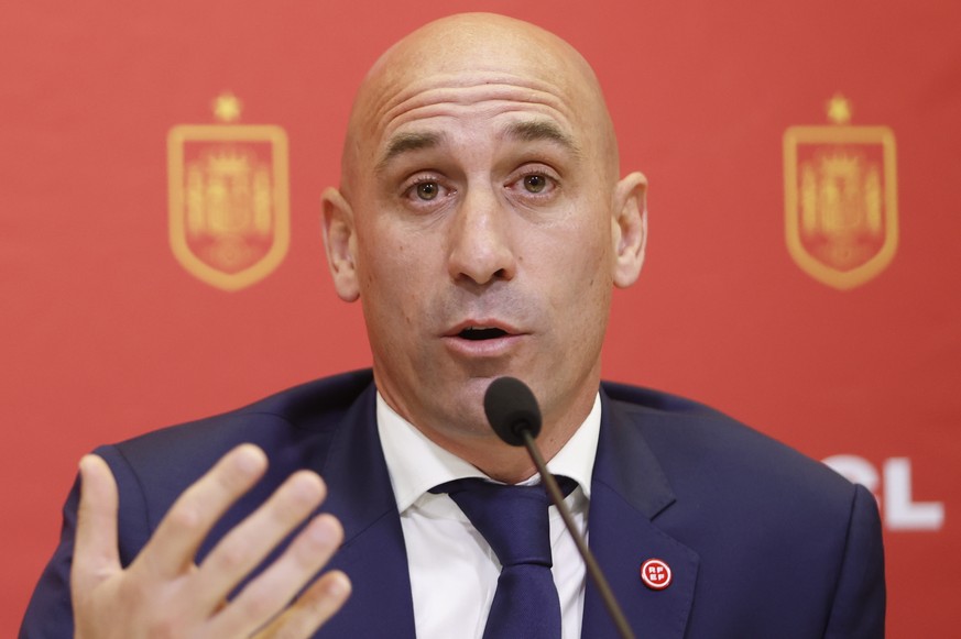 epa10534956 President of the Spanish Royal Soccer Federation Luis Rubiales addresses a press conference in Madrid, Spain, 21 March 2023. Spain will be facing Norway and Scotland in the qualifying matc ...