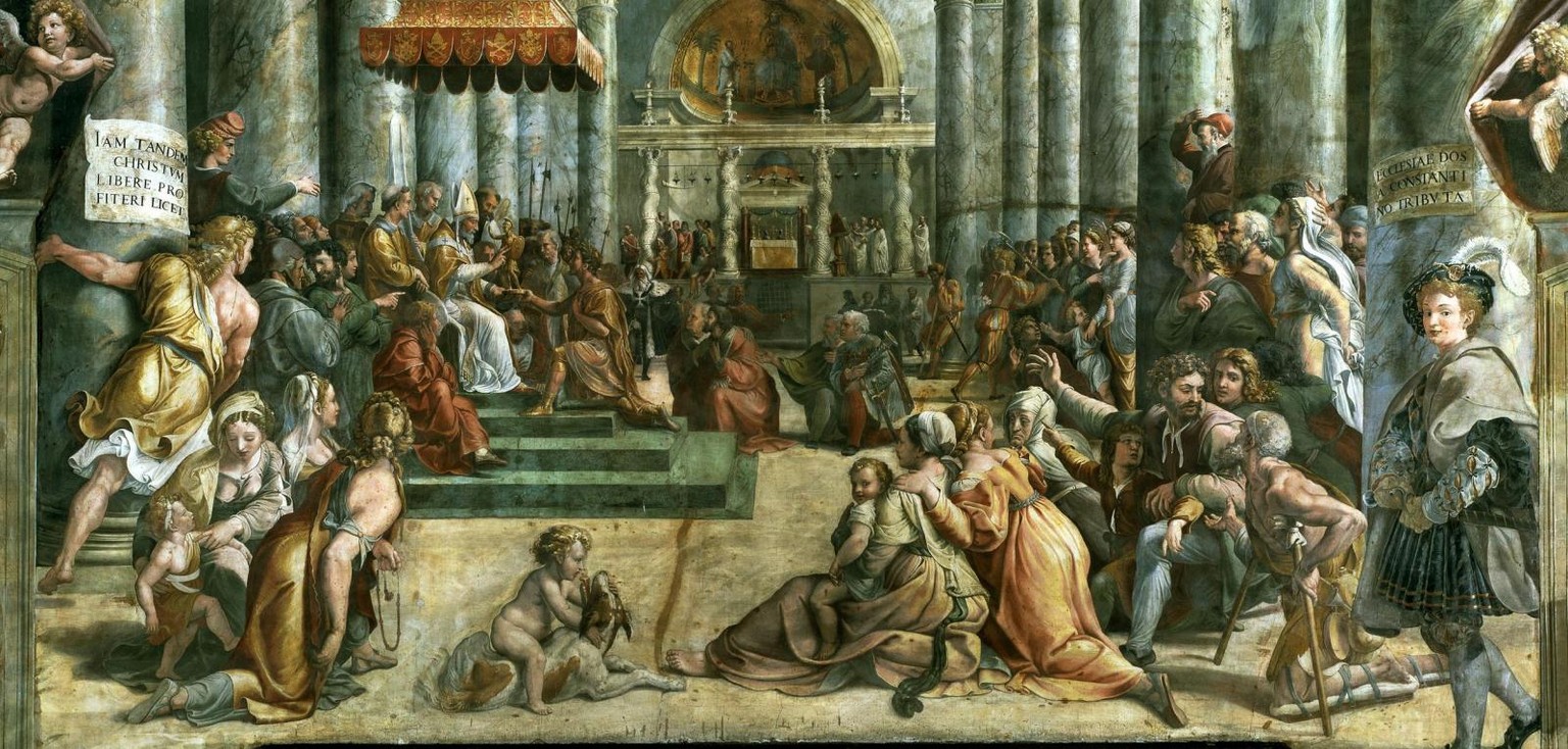 Die Konstantinische Schenkung, wie sie der Vatikan noch nach ihrer Entlarvung 1520/25 im Sala di Costantino darstellte.