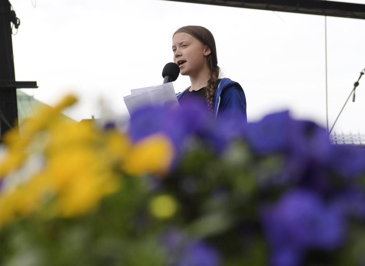 epa07597018 Swedish climate activist Greta Thunberg speaks on stage in the park Kungstradarden during the Global Strike for Future protest in Stockholm, Sweden, 24 May 2019. EPA/Janerik Henriksson/TT  ...