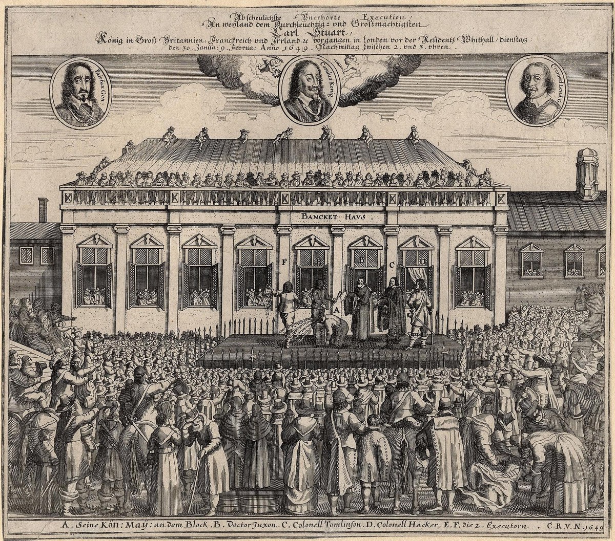 Die Exekution von Karl I. in einem zeitgenössischen Druck. Das Banqueting House, vor dem die Hinrichtung stattfand, ist das einzige heute noch bestehende Gebäude des Whitehall-Palastes, der 1698 niede ...