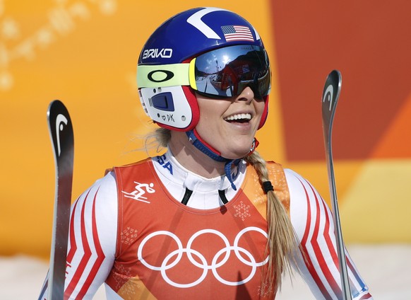 United States&#039; Lindsey Vonn smiles in the finish area of the women&#039;s combined downhill at the 2018 Winter Olympics in Jeongseon, South Korea, Thursday, Feb. 22, 2018. (AP Photo/Christophe En ...