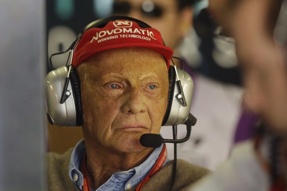 Former Austrian Formula One driver Niki Lauda stands in the Mercedes pit during the first free practice at the Interlagos race track in Sao Paulo, Brazil, Friday, Nov. 10, 2017. (AP Photo/Nelson Antoi ...