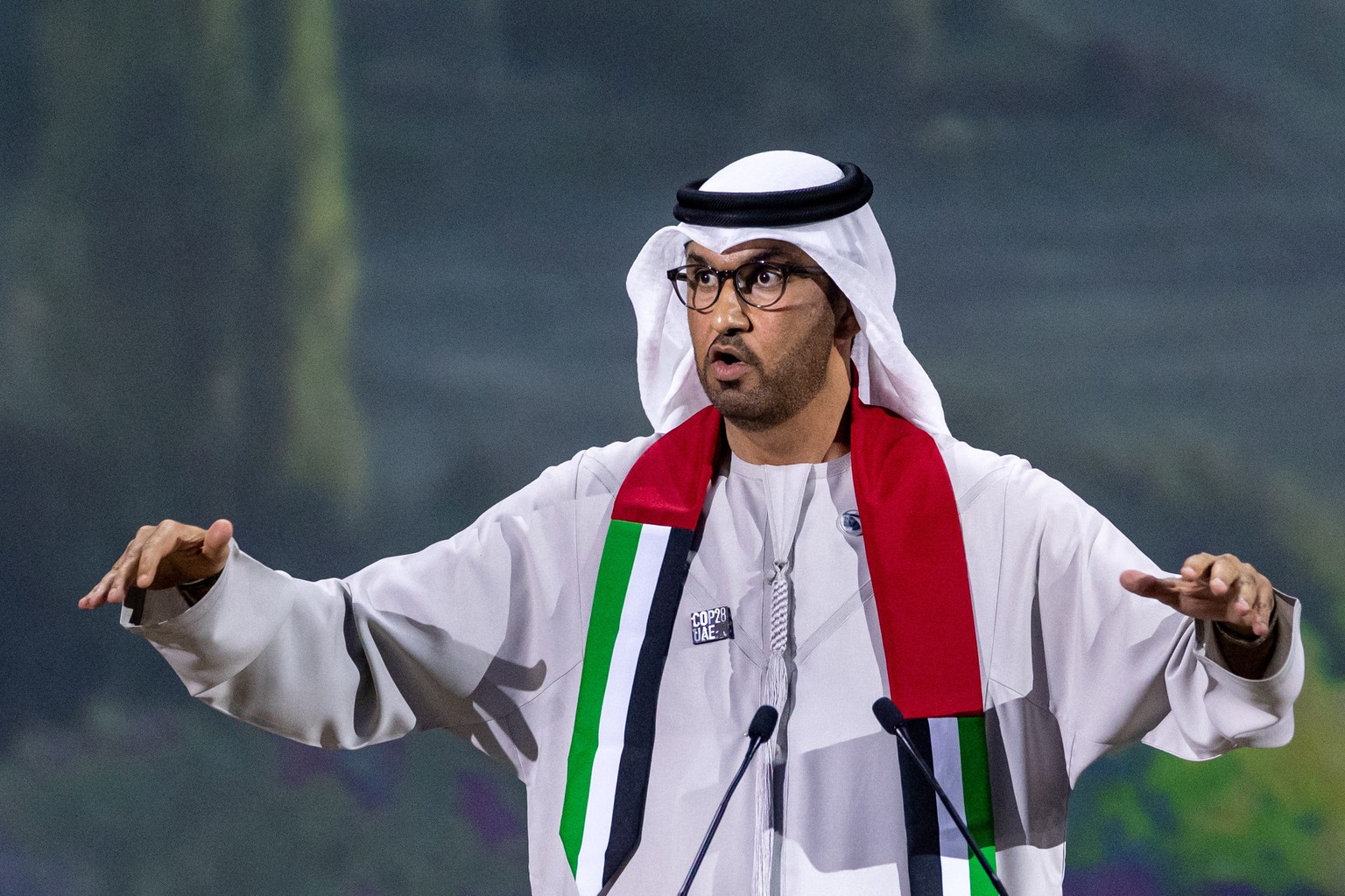 epa11007344 Dr. Sultan Ahmed Al Jaber, President-Designate of COP28 and UAE&#039;s Minister for Industry and Advanced Technology, speaks during the UN Climate Change Conference COP28, in Dubai, United ...