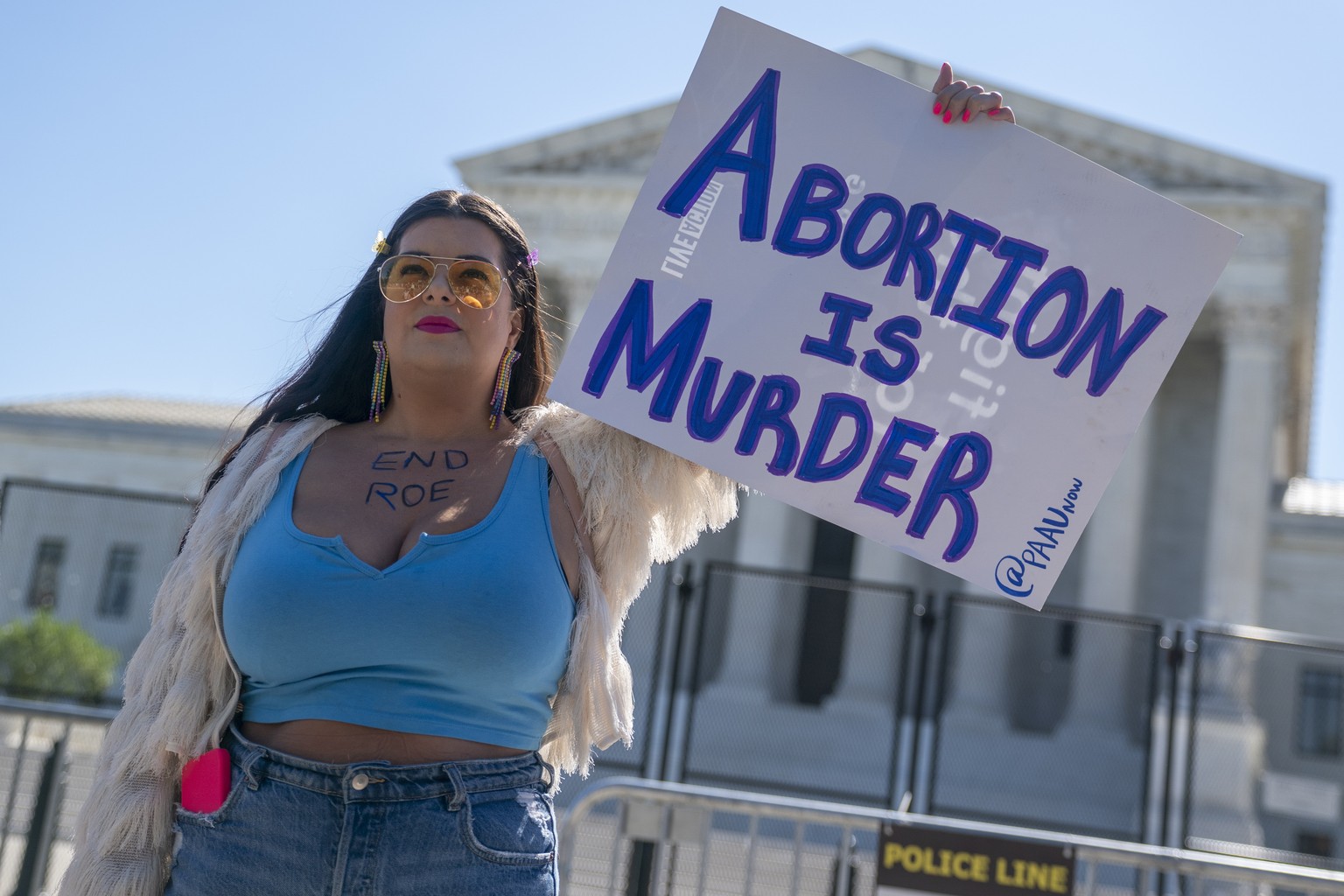 epa09999101 Anti abortion activist rallies as the wait for the Roe v. Wade decision outside the Supreme Court in Washington, DC, USA, 06 June 2022. Protests and rallies continue all over the US in rea ...