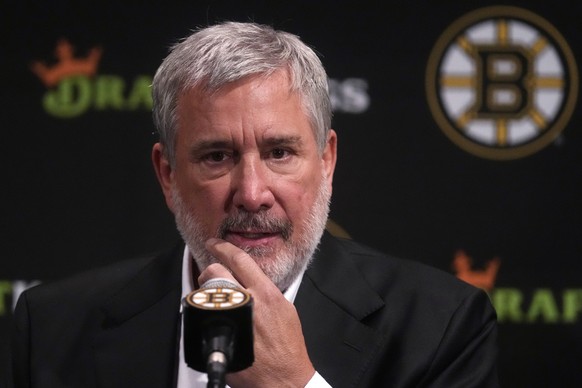 Boston Bruins president Cam Neely answers a reporter&#039;s question during a media availability, Monday, Sept. 30, 2024, in Boston. (AP Photo/Charles Krupa)