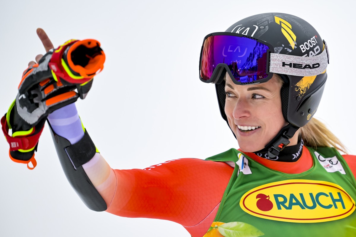 Lara Gut-Behrami from Switzerland reacts in the finish are during the second run of the Womens Giant Slalom race of the FIS Alpine Ski World Cup season opener on the Rettenbach glacier, in Soelden, A ...