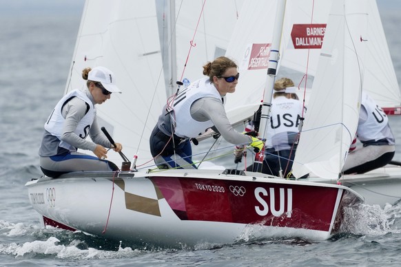 Switzerland&#039;s Maja Siegenthaler and Linda Fahrni compete during the women&#039;s 470 class at the 2020 Summer Olympics, Friday, July 30, 2021, in Fujisawa, Japan. (AP Photo/Gregorio Borgia)