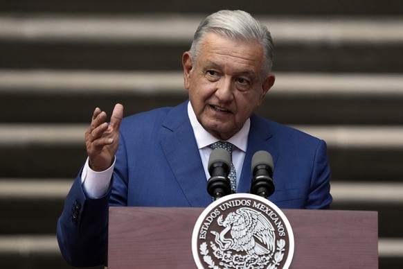 FILE - Mexican President Andres Manuel Lopez Obrador speaks at the National Palace in Mexico City, Jan. 10, 2023. Lopez Obrador asked his Chinese counterpart for help Tuesday, April 4, 2023, in haltin ...