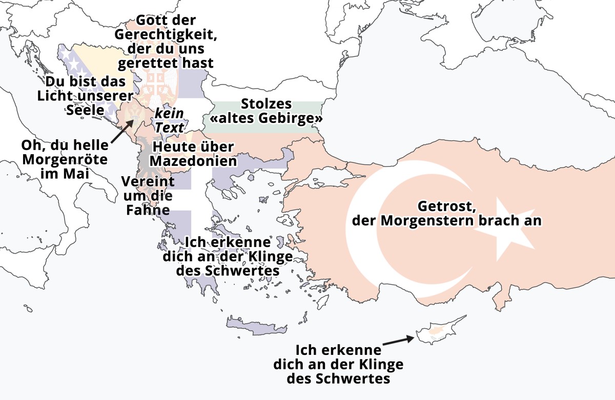 Bosnien und Herzegowina und der Kosovo haben keinen offiziellen Text, die Hymnen von Griechenland und Zypern sind identisch.