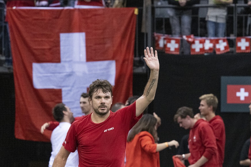 Switzerland?s Stan Wawrinka icelebrate his victory against Germany?s Daniel Altmaier, during the tennis Davis Cup qualifiers match for the 2023 group stage between Germany and Switzerland, on Saturday ...