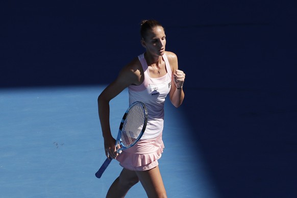 epa07305008 Karolina Pliskova of Czech Republic reacts during her round four women&#039;s singles match against Garbine Muguruza of Spain at the Australian Open Grand Slam tennis tournament in Melbour ...