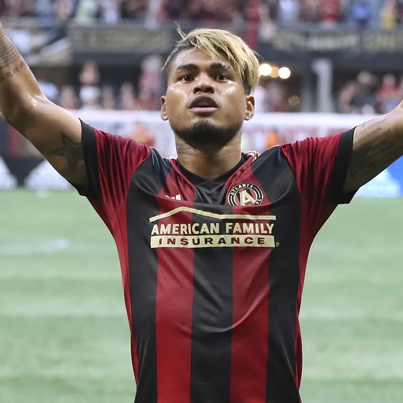 FILE - In this June 2, 2018, file photo, Atlanta United&#039;s Josef Martinez celebrates his goal on a penalty kick against the Philadelphia Union during the first half of an MLS soccer match, in Atla ...