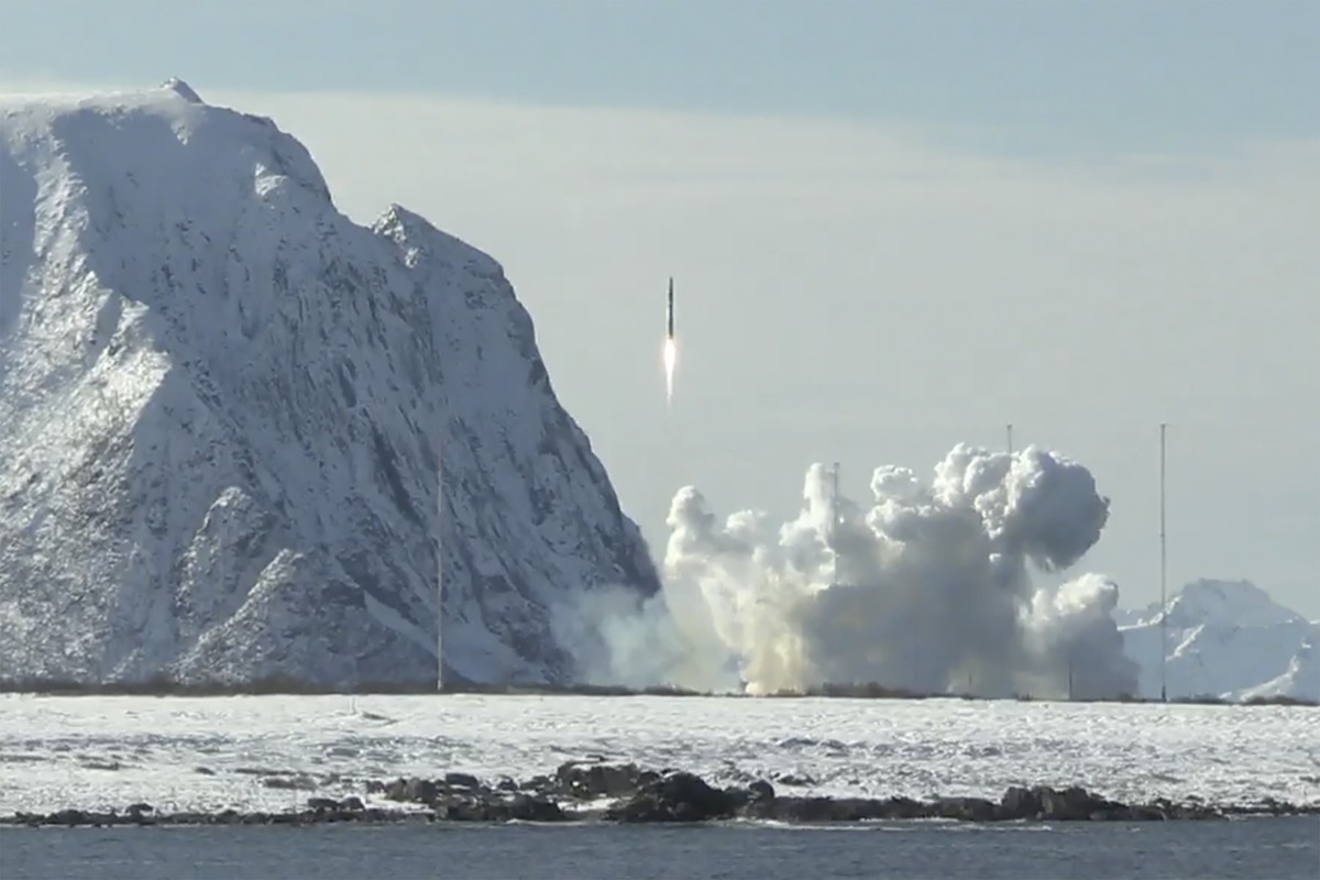In this photo taken from video provided by Isar Aerospace, Photo Wingmen Media, Isar Aerospace test rocket "Spectrum" lifts off for a test flight at Andoya Spaceport in Nordmela, on And�ya i ...