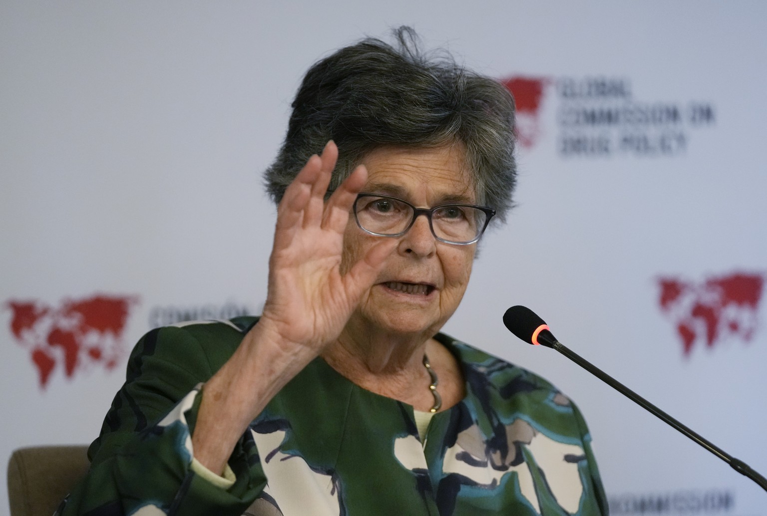 Former Swiss President Ruth Dreifuss talks to the media during a Global Commission on Drug Policy presentation, in Bogota, Colombia, Wednesday, Nov. 9, 2022. Reforming drug policy in Colombia would in ...
