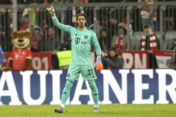 Bayern's goalkeeper Yann Sommer reacts during the Bundesliga soccer match between Bayern Munich and FC Cologne at the Allianz Arena in Munich, Germany, Tuesday, Jan. 24, 2023. (AP Photo/Alexandra Beie ...
