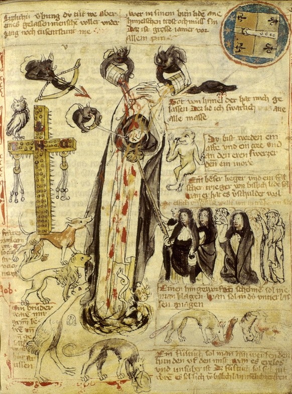 Heinrich Seuse wird von Dämonen, Teufeln, Menschen und Tieren angegriffen, ca. 1350. Links im Bild ist sein Nagelkreuz zu sehen.