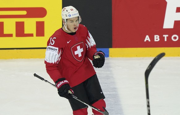 Gregory Hofmann of Switzerland reacts during the Ice Hockey World Championship group A match between the Switzerland and Slovakia at the Olympic Sports Center in Riga, Latvia, Thursday, May 27, 2021.  ...