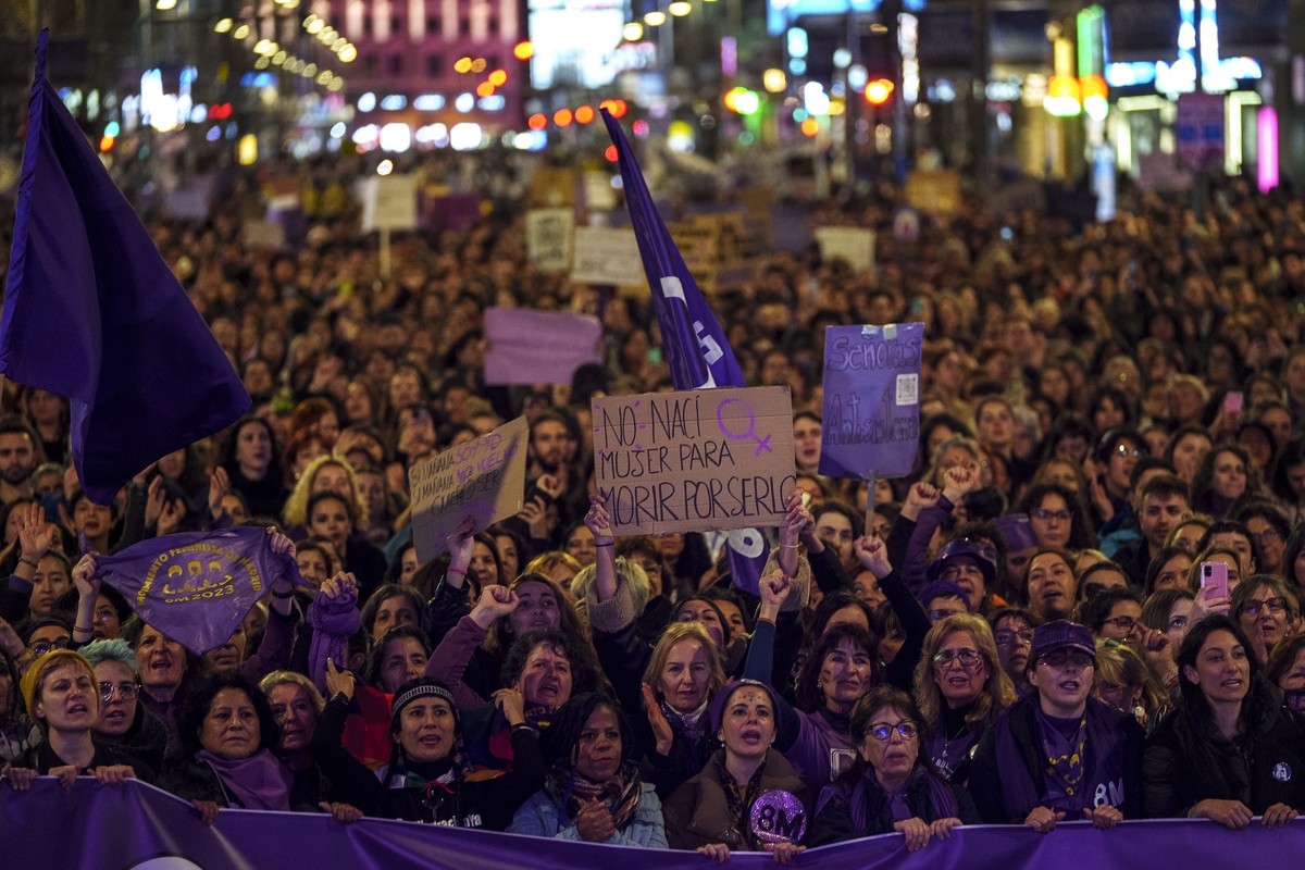 Women take part in a demonstration, on International Women's Day in Madrid, Spain, Wednesday, March 8, 2023. Demonstrations, conferences and artistic events around the world Wednesday marked Inte ...