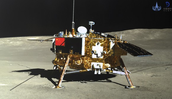 FILE - This photo provided on Jan. 12, 2019, by the China National Space Administration via Xinhua News Agency shows the lunar lander of the Chang&#039;e-4 probe in a photo taken by the rover Yutu-2 o ...