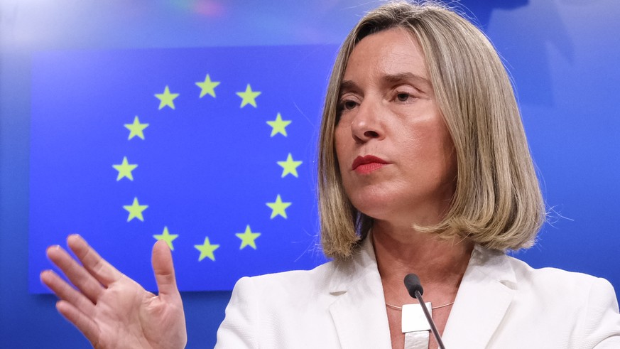 epa06738537 European Union Foreign Policy Chief Federica Mogherini reacts to Question on Iran Nuclear deal, during a news conference in Brussels, Belgium, 15 May 2018. This evening, High Representativ ...