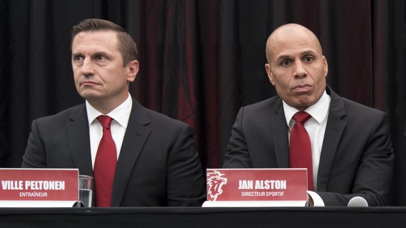 De gauche a droite, le nouvel entraineur du LHC Ville Peltonen, le directeur sportif du LHC Jan Alston, le president di conseil d'administration du LHC Patrick de Preux, le CEO du LHC Sacha Weibe ...