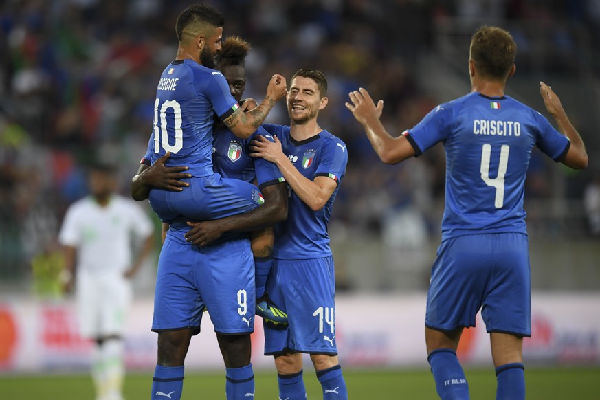 Italy&#039;s Lorenzo Insigne, Mario Balotelli, Jorge Luiz Jorginho and Domenico Criscito, from left, celebrate after Balotelli scored 0-1, during a friendly soccer match between Saudi Arabia and Italy ...