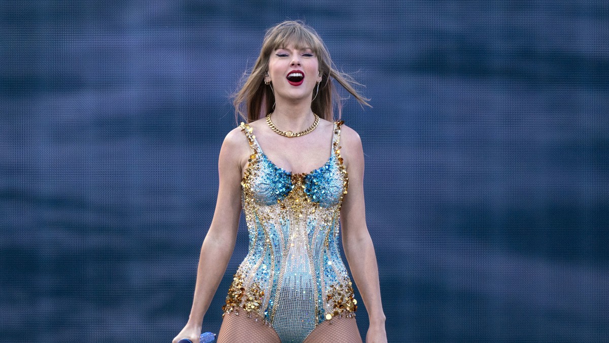 Singer Taylor Swift performs on stage during her Eras Tour at the Murrayfield Stadium in Edinburgh, Friday June 7, 2024. (Jane Barlow/PA via AP)